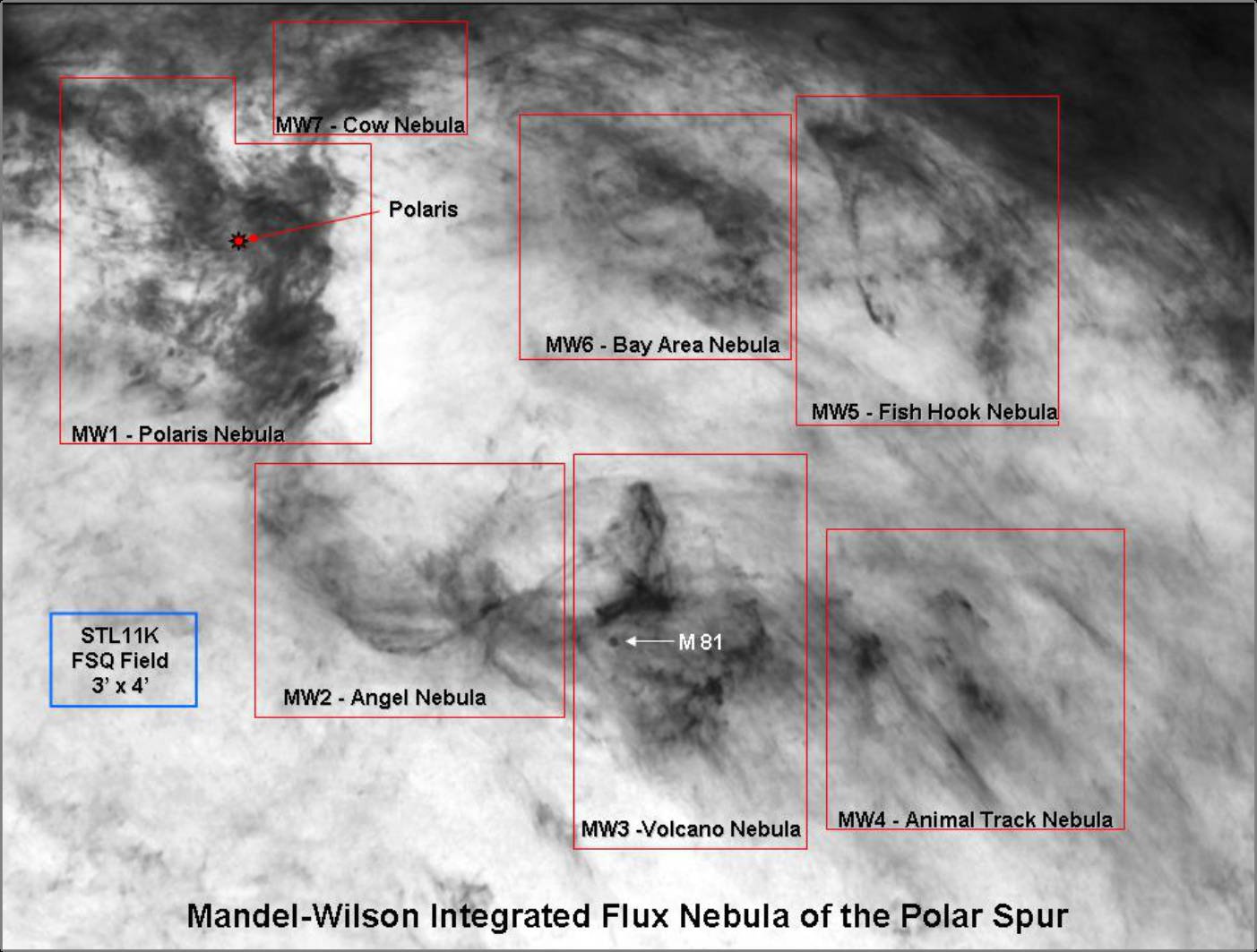 Carte des nébulosités Mandel-Wilson autour de la Polaire et de M81